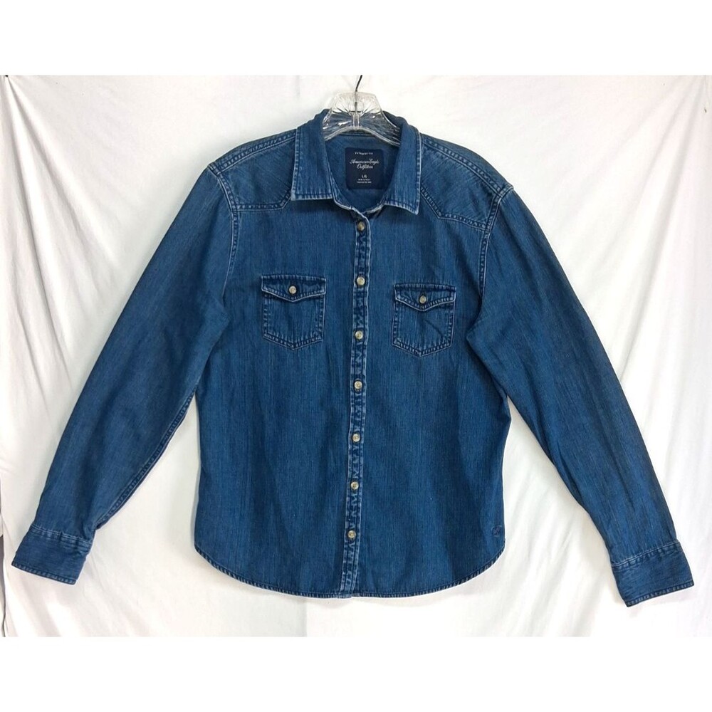 American Eagle Women L Favorite Fit Blue Denim Button Up Shirt Pockets Western